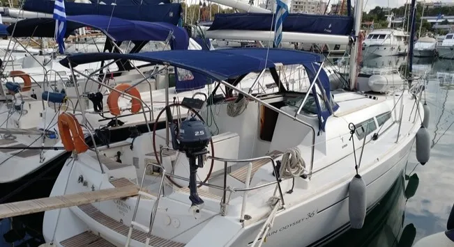 Exterior view of Catrina, a Jeanneau Sun Odyssey 36i sailboat at Municipal Unit of Elefsina, Greece