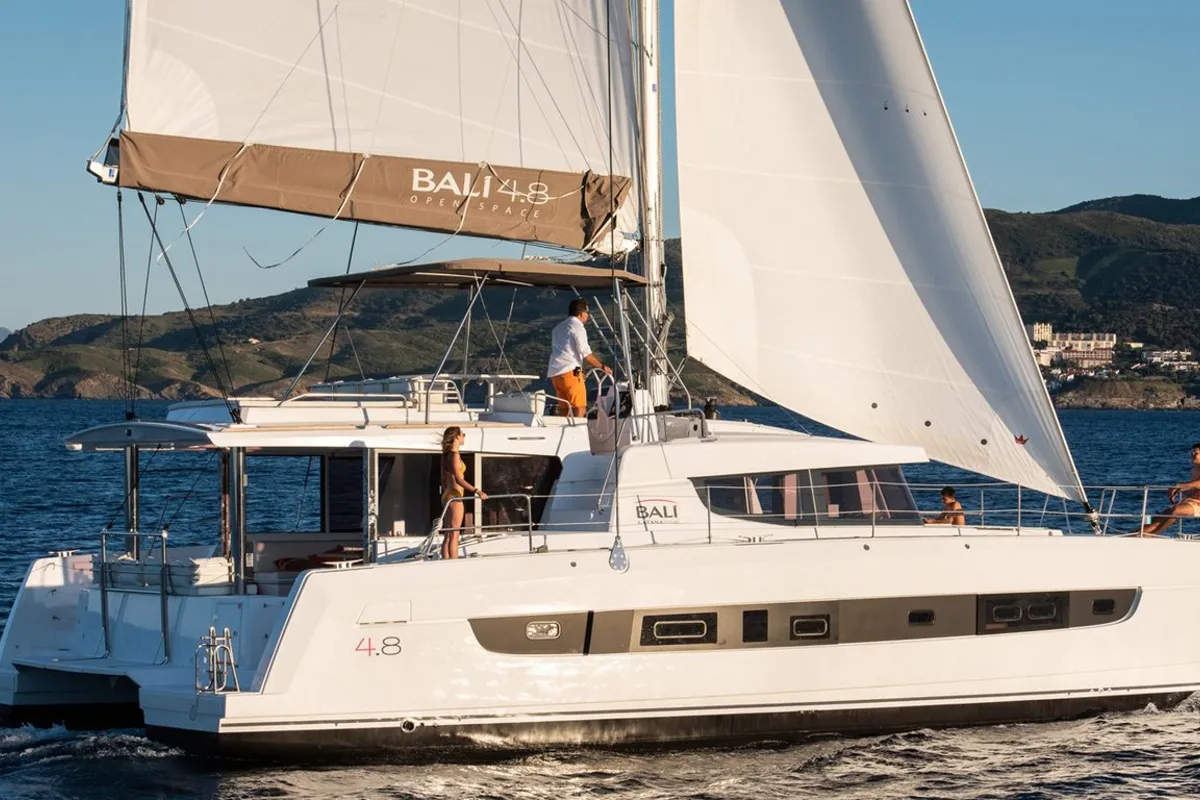 Exterior view of Honour, a Bali 4.8 OW catamaran at Fethiye, Turkey