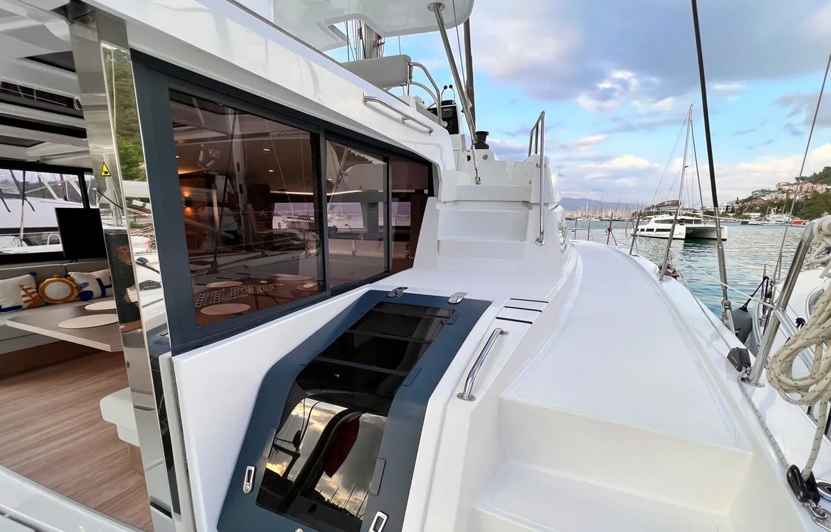 Deck of Honour, a Bali 4.8 OW catamaran at Fethiye, Turkey
