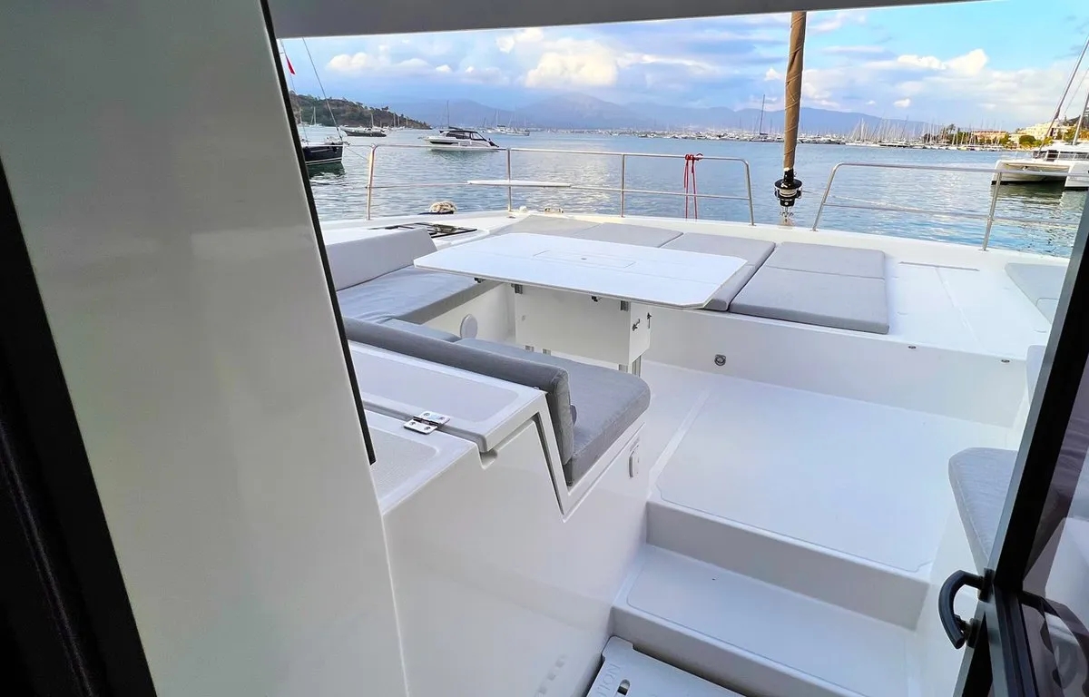 Deck of Honour, a Bali 4.8 OW catamaran at Fethiye, Turkey