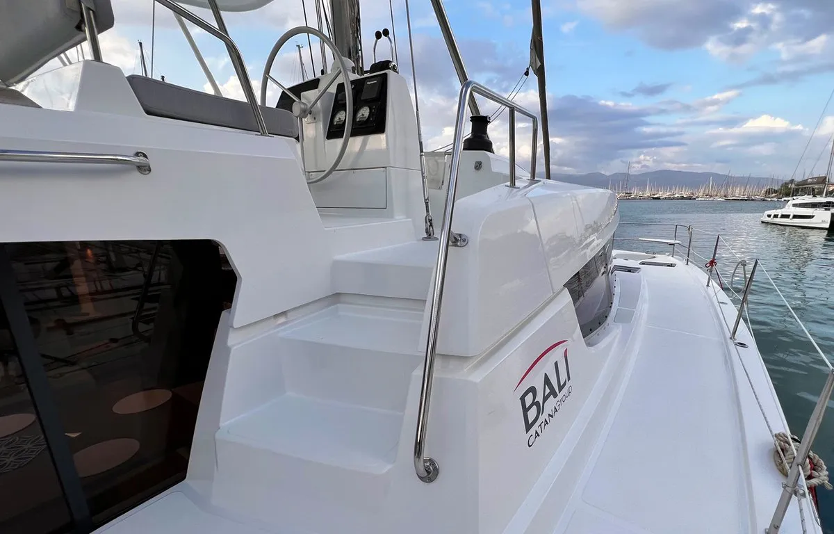 Exterior view of Honour, a Bali 4.8 OW catamaran at Fethiye, Turkey