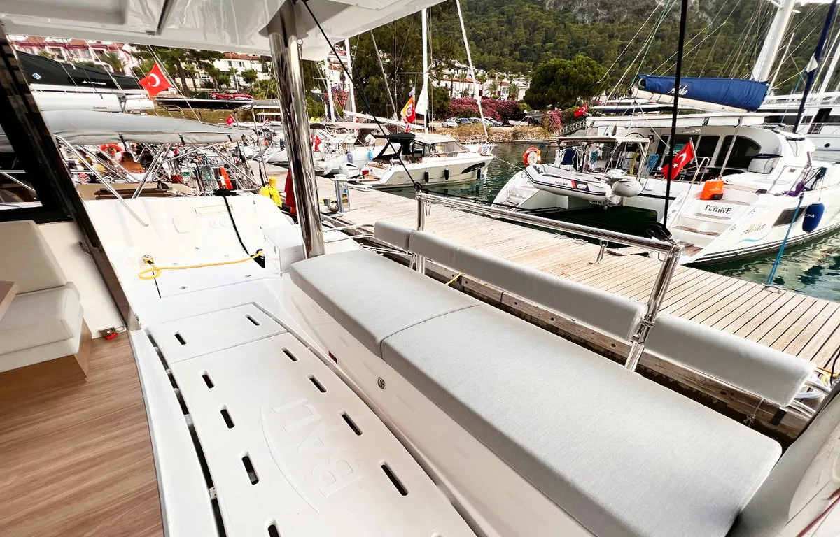 Deck of Honour, a Bali 4.8 OW catamaran at Fethiye, Turkey