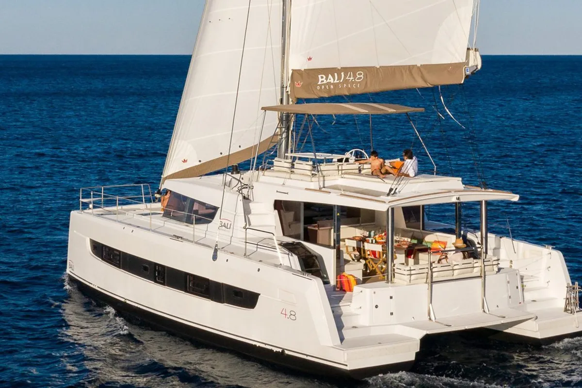 Exterior view of Honour, a Bali 4.8 OW catamaran at Fethiye, Turkey
