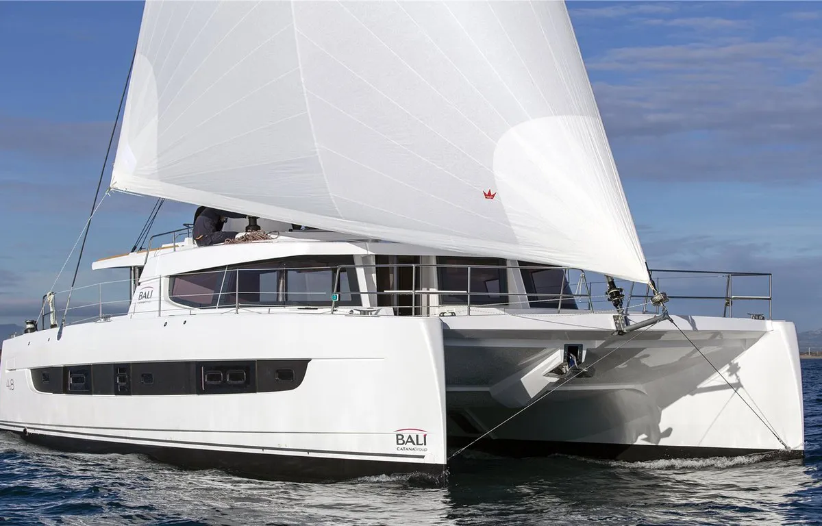 Exterior view of Honour, a Bali 4.8 OW catamaran at Fethiye, Turkey