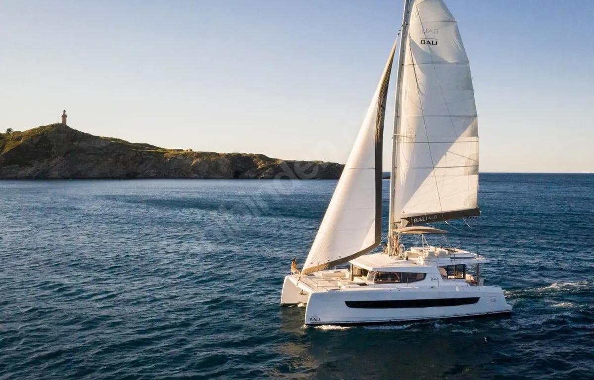 Exterior view of Honour, a Bali 4.8 OW catamaran at Fethiye, Turkey