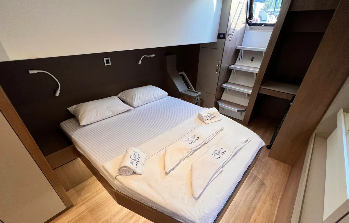 Cabin on Honour, a Bali 4.8 OW catamaran at Fethiye, Turkey