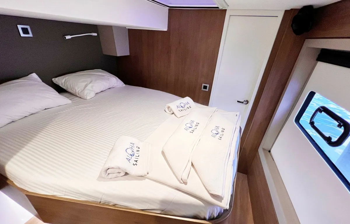 Cabin on Honour, a Bali 4.8 OW catamaran at Fethiye, Turkey