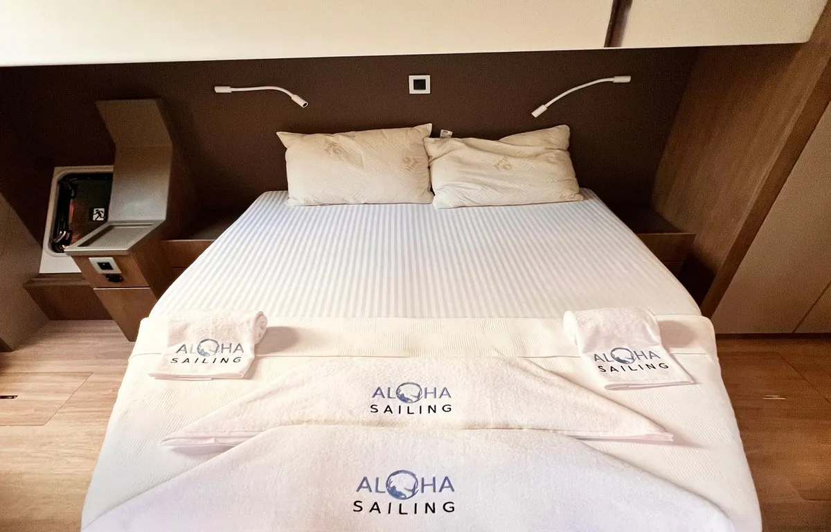 Cabin on Honour, a Bali 4.8 OW catamaran at Fethiye, Turkey