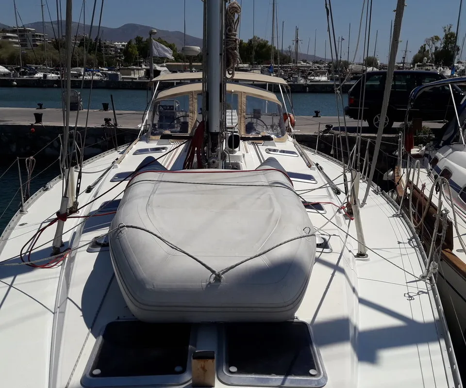 Deck of Hesiodos, a Jeanneau Sun Odyssey 52.2 sailboat at Athens, Greece