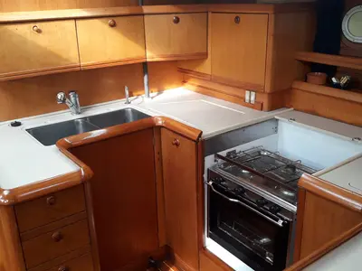 Galley of Hesiodos, a Jeanneau Sun Odyssey 52.2 sailboat at Athens, Greece