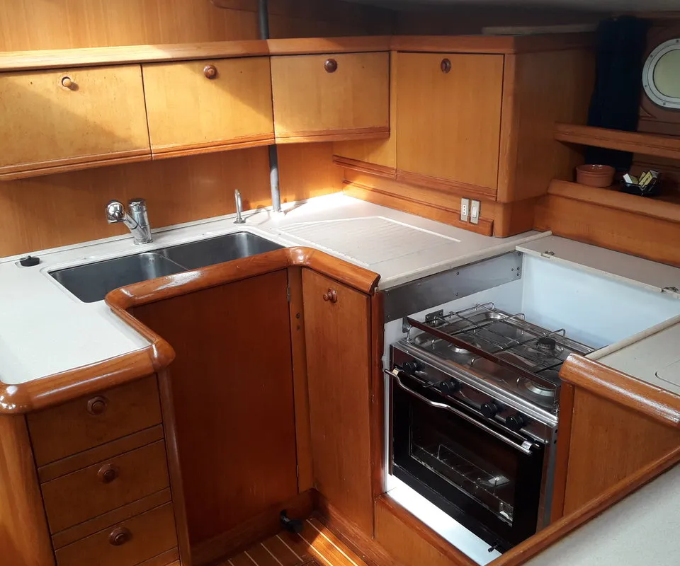 Galley of Hesiodos, a Jeanneau Sun Odyssey 52.2 sailboat at Athens, Greece