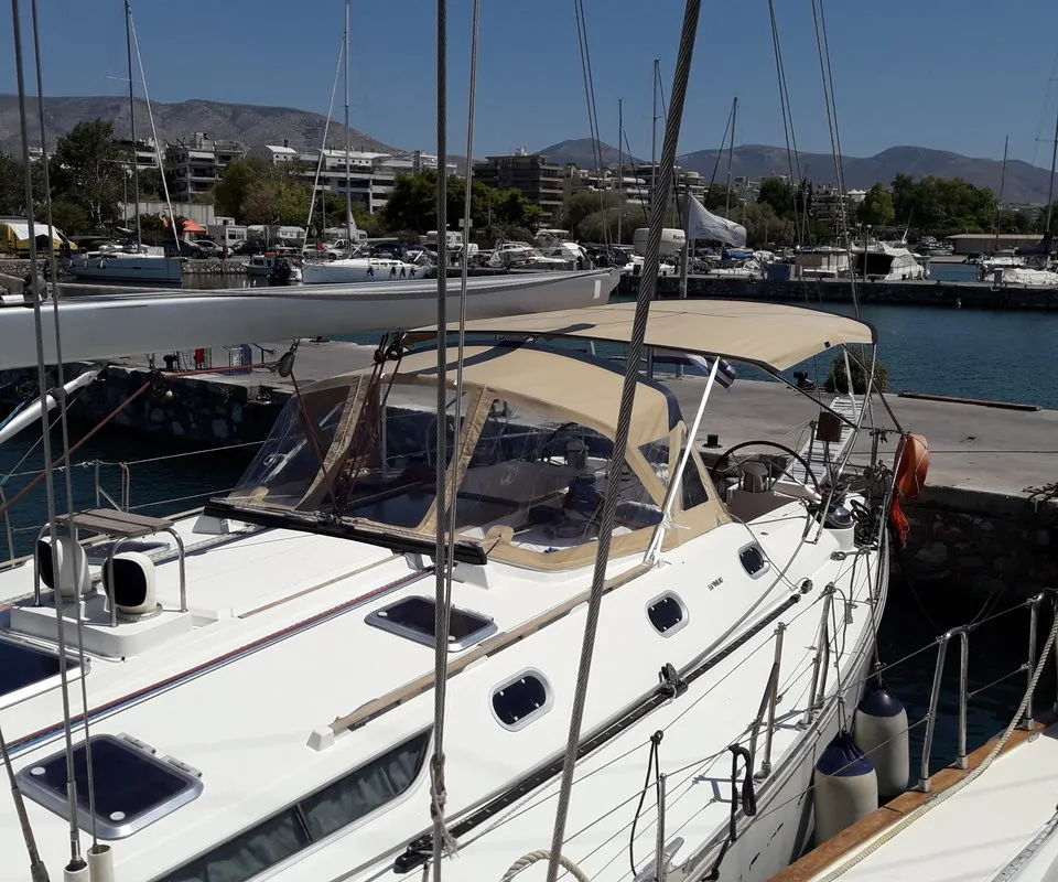 Deck of Hesiodos, a Jeanneau Sun Odyssey 52.2 sailboat at Athens, Greece