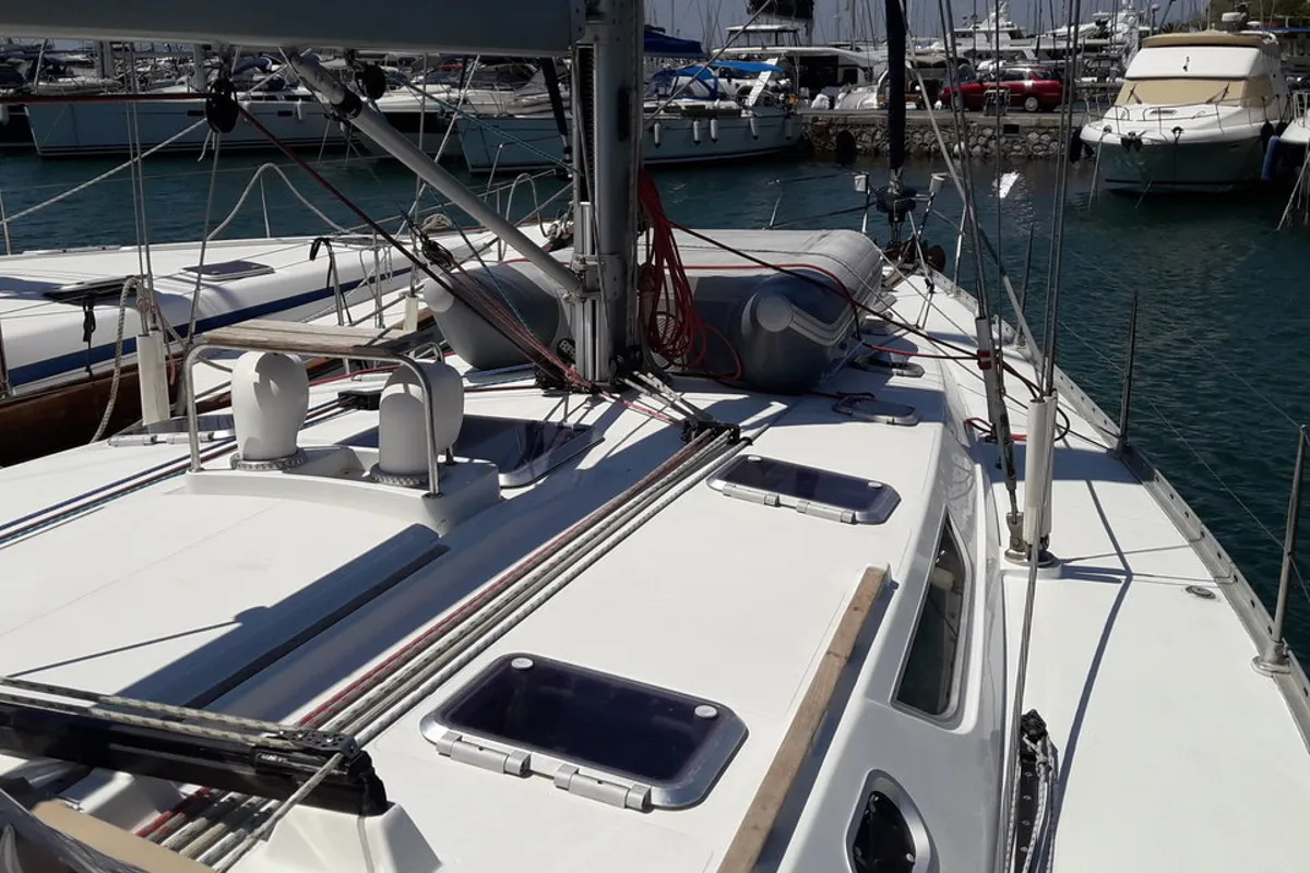 Deck of Hesiodos, a Jeanneau Sun Odyssey 52.2 sailboat at Athens, Greece