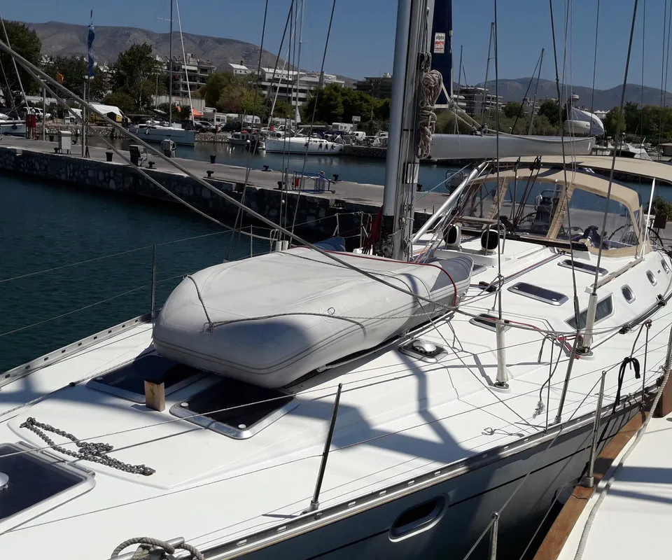 Deck of Hesiodos, a Jeanneau Sun Odyssey 52.2 sailboat at Athens, Greece