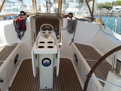 Cockpit of Hesiodos, a Jeanneau Sun Odyssey 52.2 sailboat at Athens, Greece