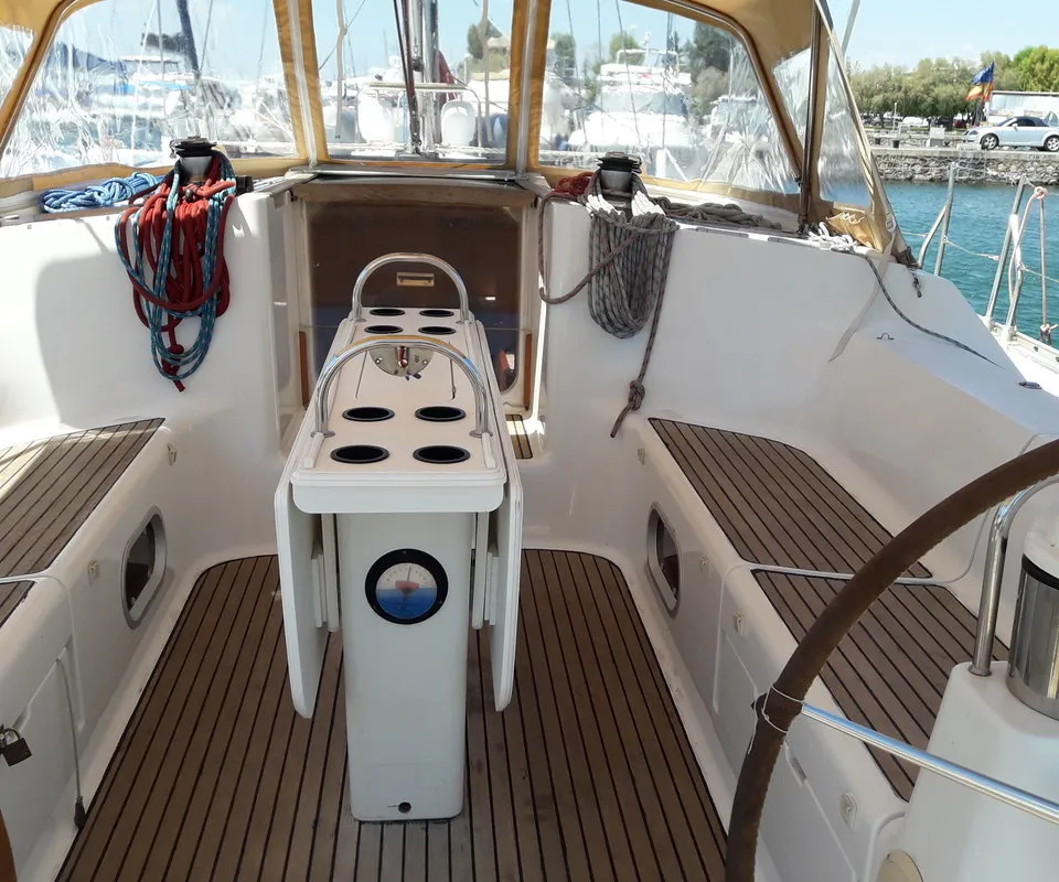 Cockpit of Hesiodos, a Jeanneau Sun Odyssey 52.2 sailboat at Athens, Greece