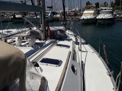 Deck of Hesiodos, a Jeanneau Sun Odyssey 52.2 sailboat at Athens, Greece