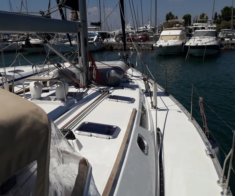 Deck of Hesiodos, a Jeanneau Sun Odyssey 52.2 sailboat at Athens, Greece