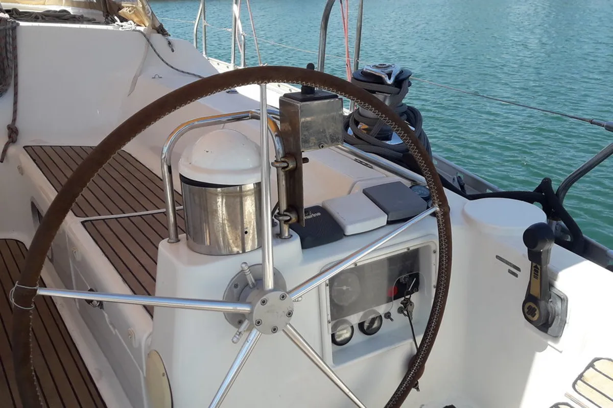 Cockpit of Hesiodos, a Jeanneau Sun Odyssey 52.2 sailboat at Athens, Greece