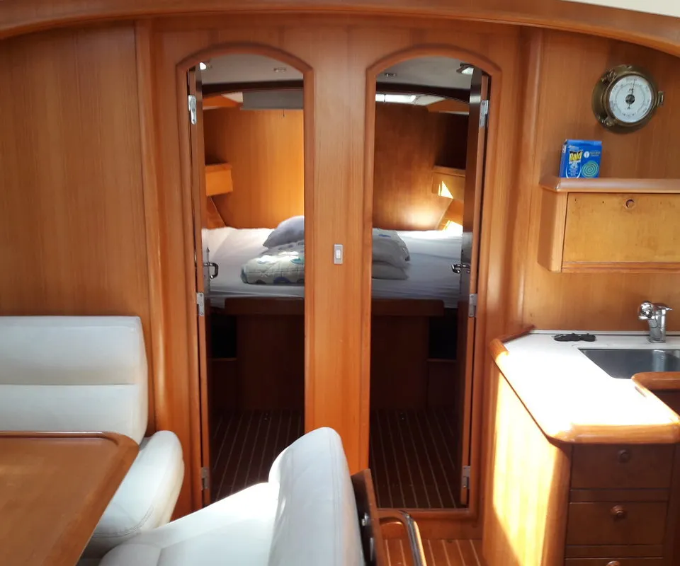 Cabin on Hesiodos, a Jeanneau Sun Odyssey 52.2 sailboat at Athens, Greece