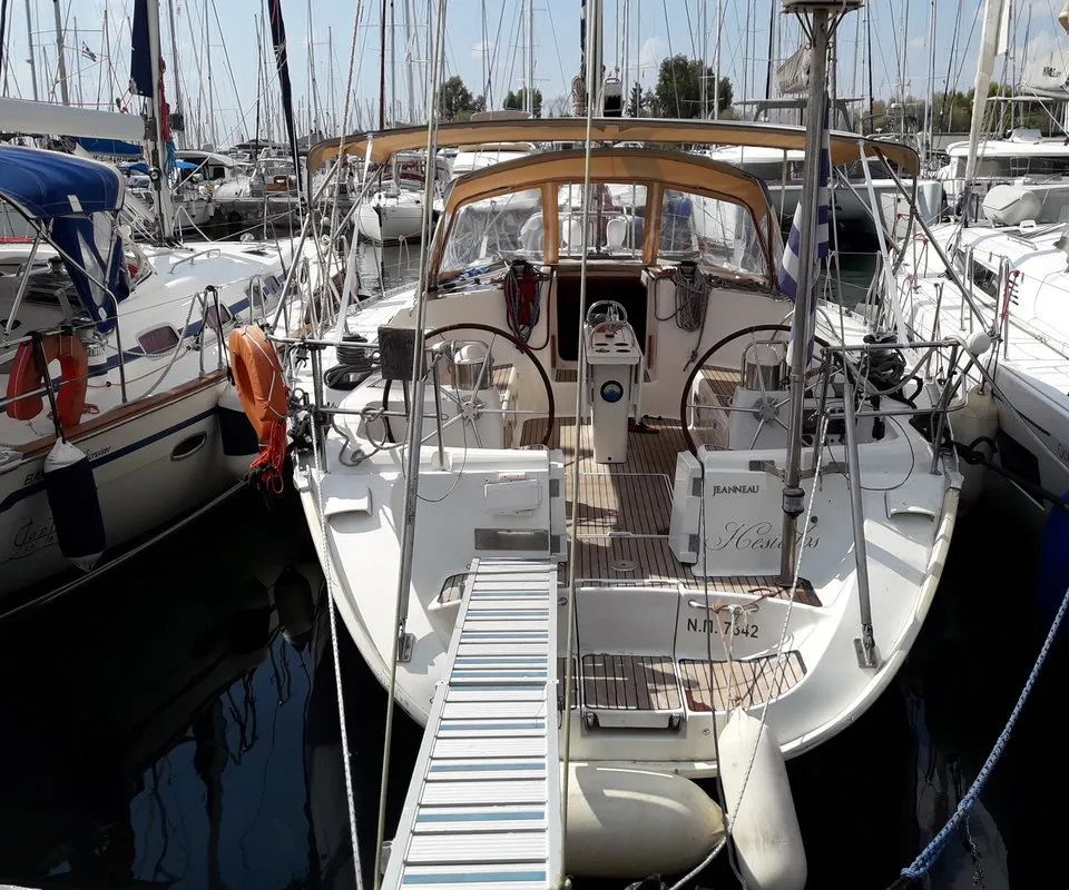 Cockpit of Hesiodos, a Jeanneau Sun Odyssey 52.2 sailboat at Athens, Greece