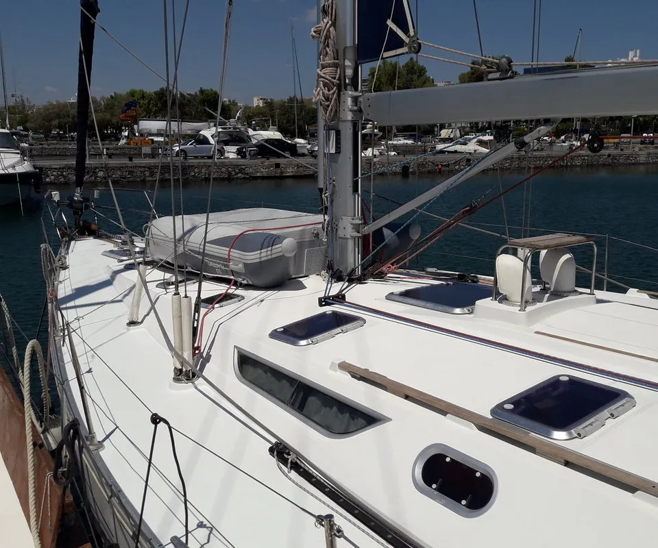 Deck of Hesiodos, a Jeanneau Sun Odyssey 52.2 sailboat at Athens, Greece