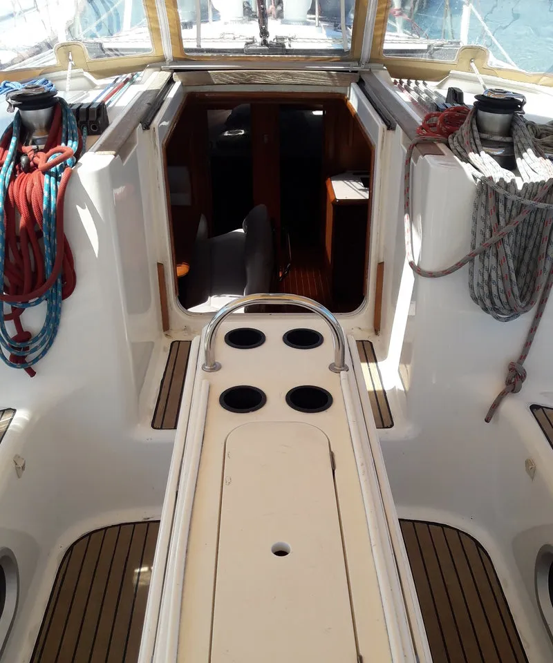 Cockpit of Hesiodos, a Jeanneau Sun Odyssey 52.2 sailboat at Athens, Greece