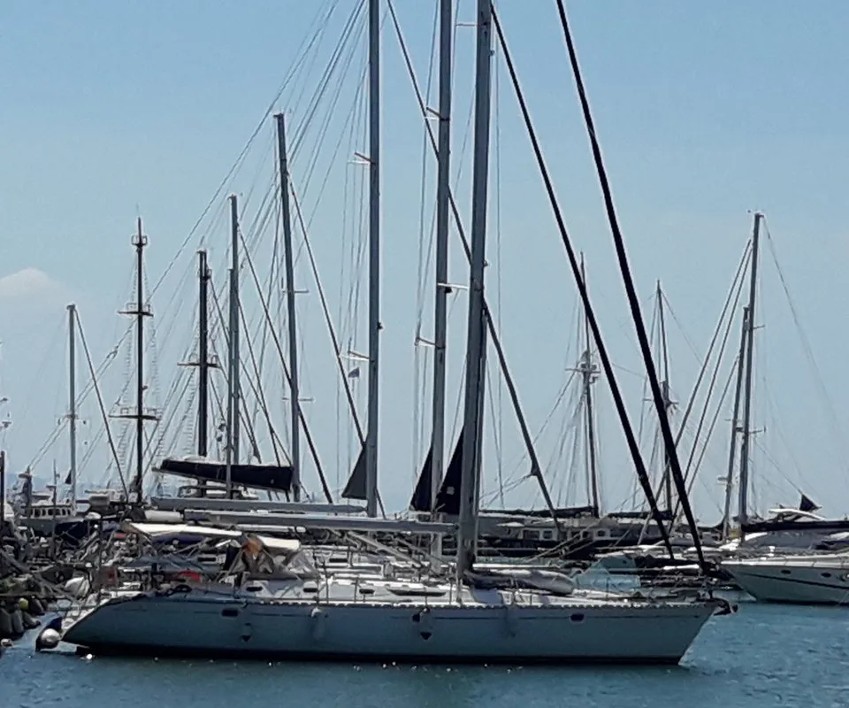 Exterior view of Hesiodos, a Jeanneau Sun Odyssey 52.2 sailboat at Athens, Greece