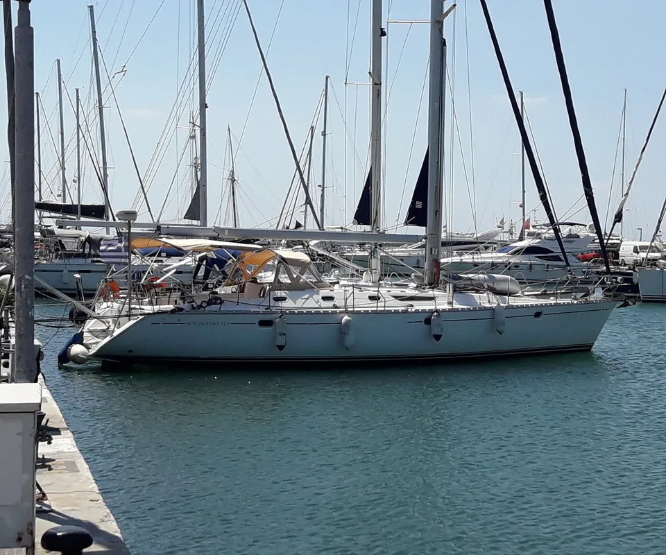 Exterior view of Hesiodos, a Jeanneau Sun Odyssey 52.2 sailboat at Athens, Greece