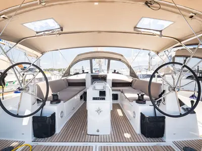 Cockpit of G.A.S. Newborn, a Jeanneau Sun Odyssey 440 sailboat at Municipal Unit of Lefkada, Greece