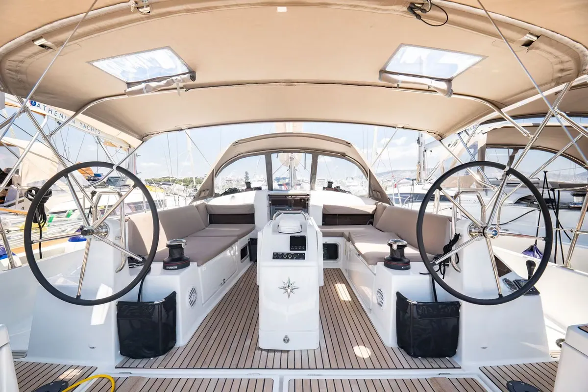 Cockpit of G.A.S. Newborn, a Jeanneau Sun Odyssey 440 sailboat at Municipal Unit of Lefkada, Greece