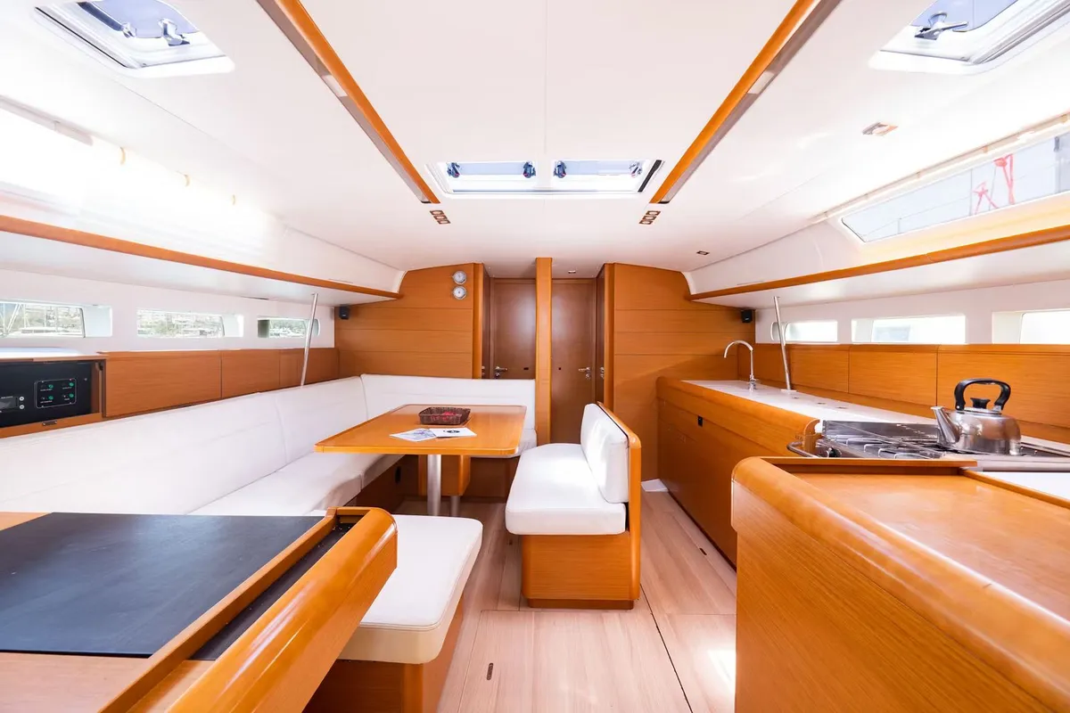 Salon of G.A.S. Newborn, a Jeanneau Sun Odyssey 440 sailboat at Municipal Unit of Lefkada, Greece