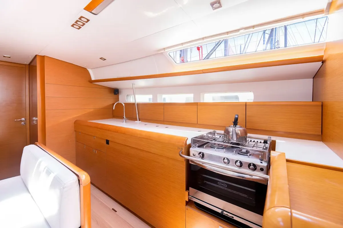 Galley of G.A.S. Newborn, a Jeanneau Sun Odyssey 440 sailboat at Municipal Unit of Lefkada, Greece