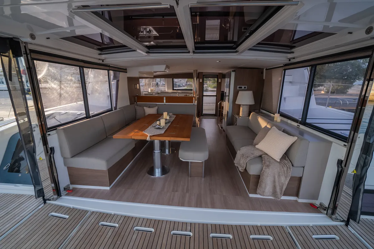 Deck of Second Wind Skippered, a Bali 4.6 catamaran at Parikia, Greece