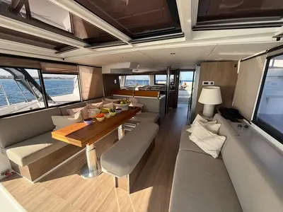 Salon of Second Wind Skippered, a Bali 4.6 catamaran at Parikia, Greece