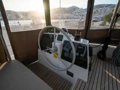 Cockpit of Second Wind Skippered, a Bali 4.6 catamaran at Parikia, Greece