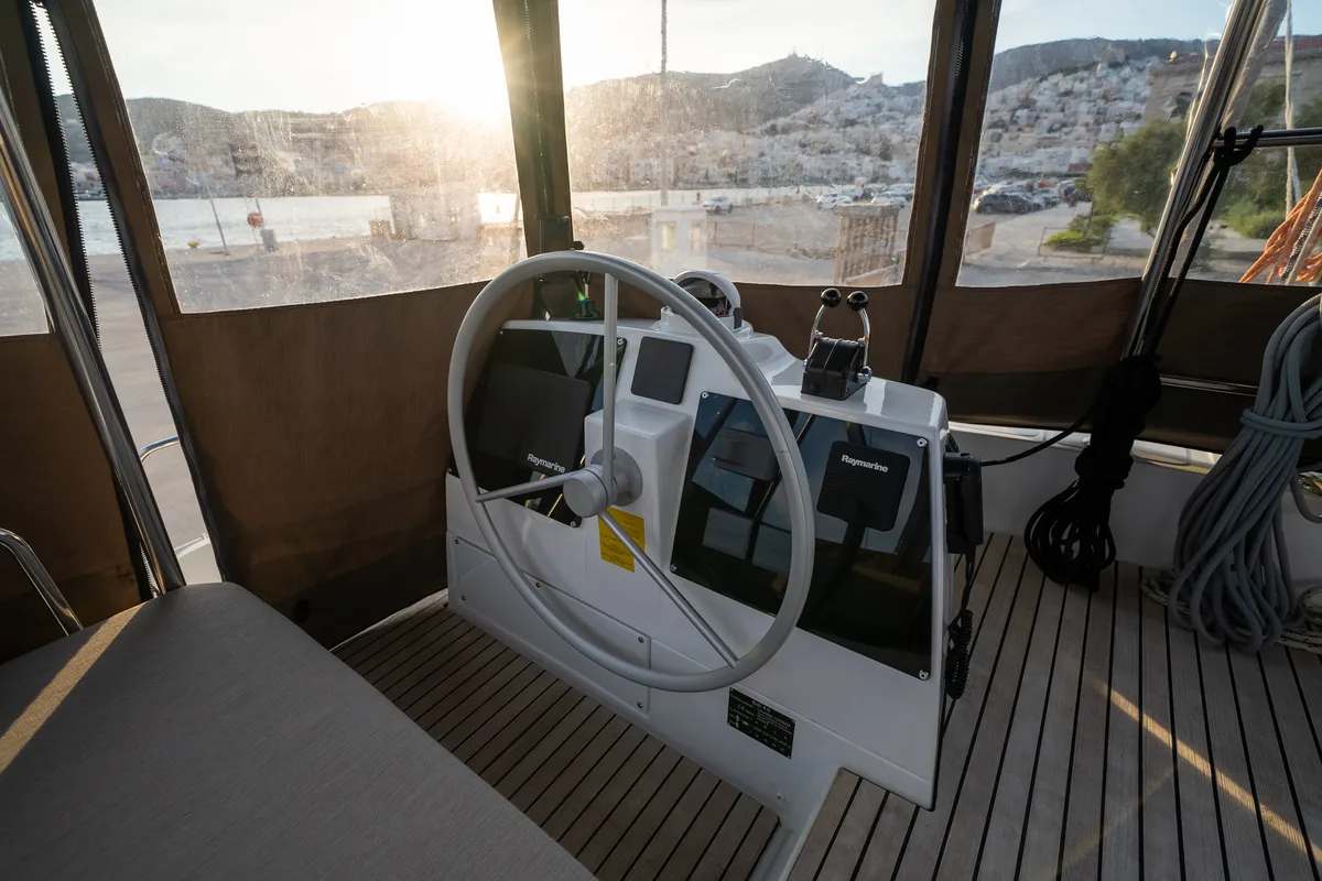 Cockpit of Second Wind Skippered, a Bali 4.6 catamaran at Parikia, Greece