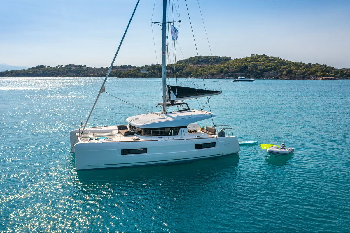 Exterior view of Demy, a Lagoon 40 catamaran at Kranidi, Greece
