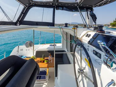 Cockpit of Demy, a Lagoon 40 catamaran at Kranidi, Greece