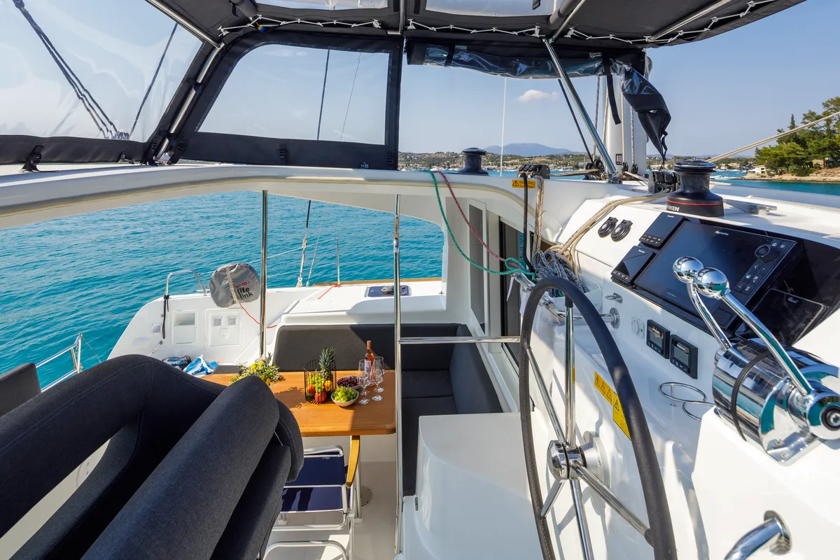 Cockpit of Demy, a Lagoon 40 catamaran at Kranidi, Greece