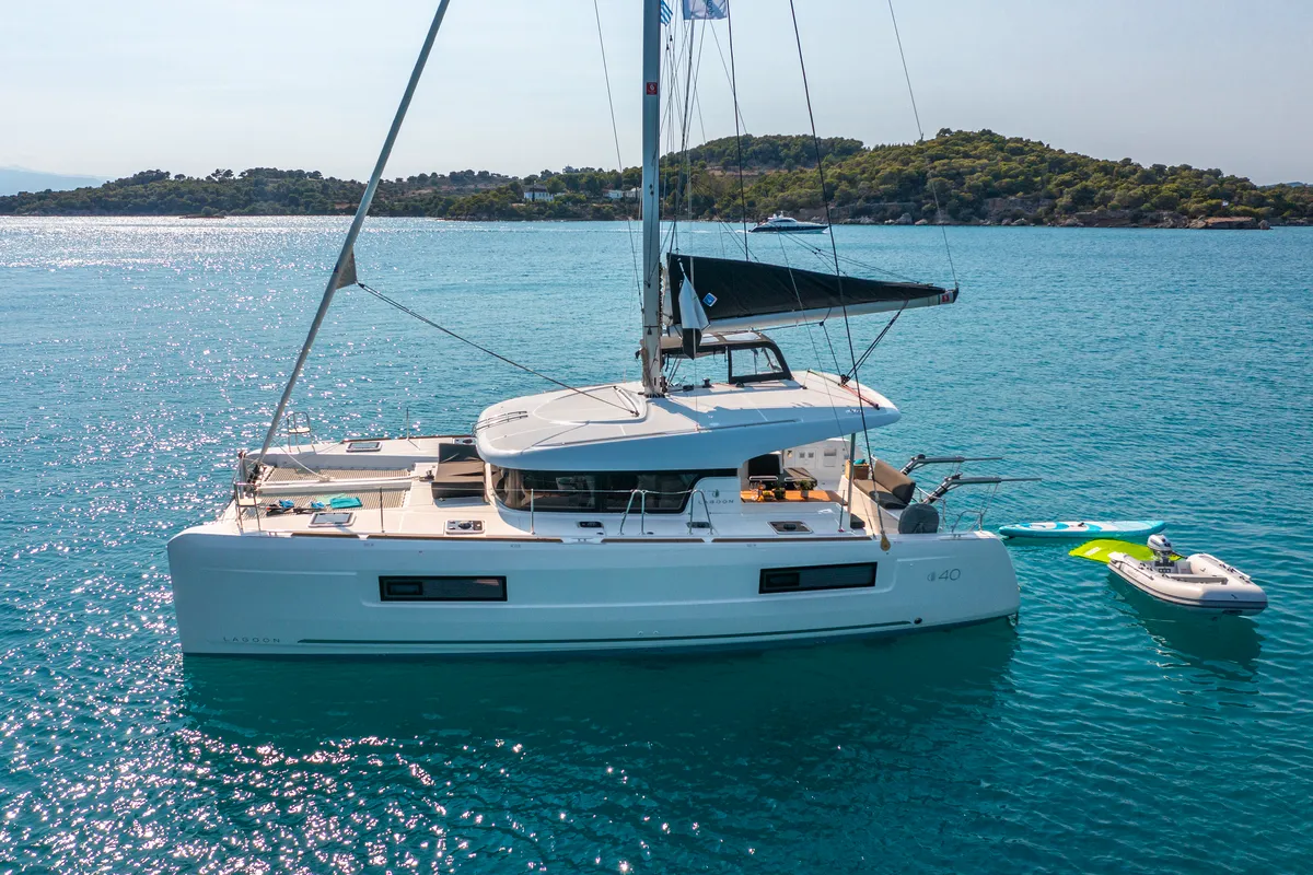 Exterior view of Demy, a Lagoon 40 catamaran at Kranidi, Greece