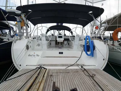 Cockpit of Sail La Vie, a Bavaria Cruiser 46 sailboat at Kavala, Greece