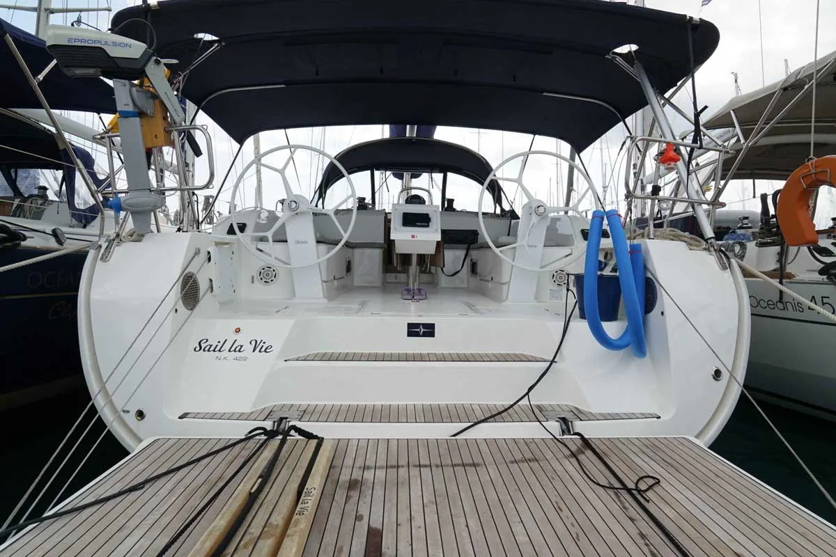 Cockpit of Sail La Vie, a Bavaria Cruiser 46 sailboat at Kavala, Greece