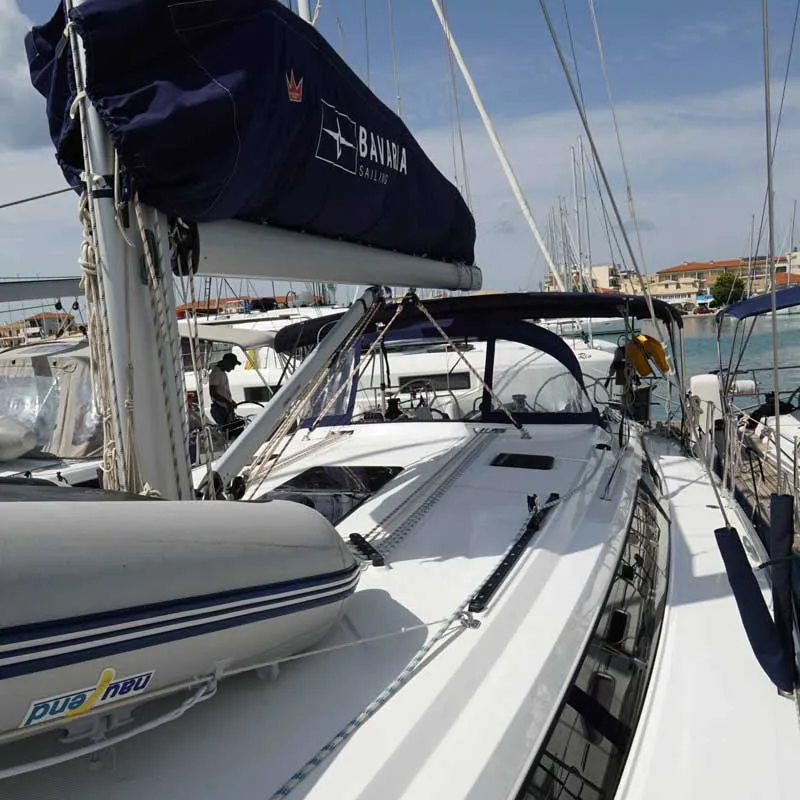 Deck of Sail La Vie, a Bavaria Cruiser 46 sailboat at Kavala, Greece