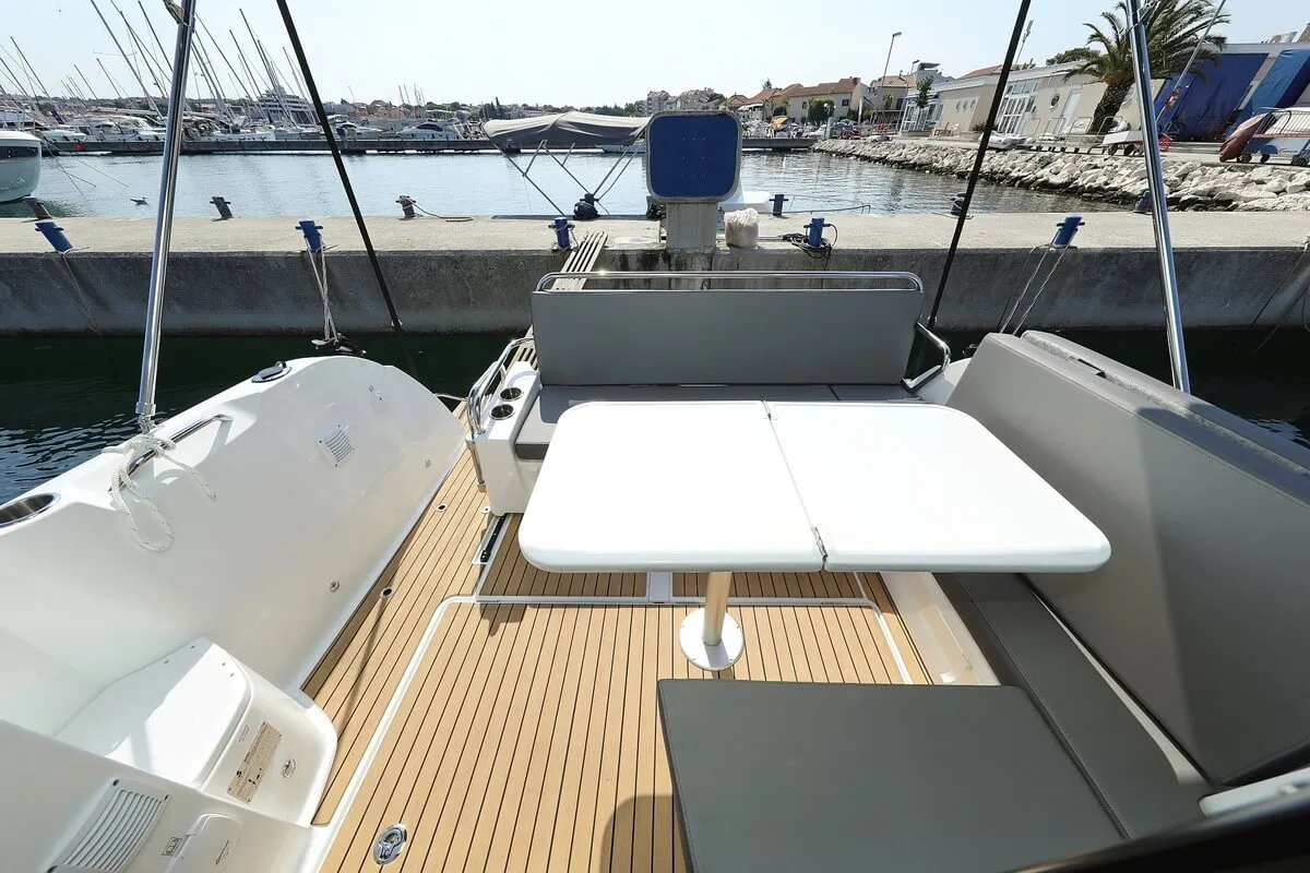 Deck of Freeya, a Beneteau Antares 9 OB motorboat at Grad Biograd na Moru, Croatia