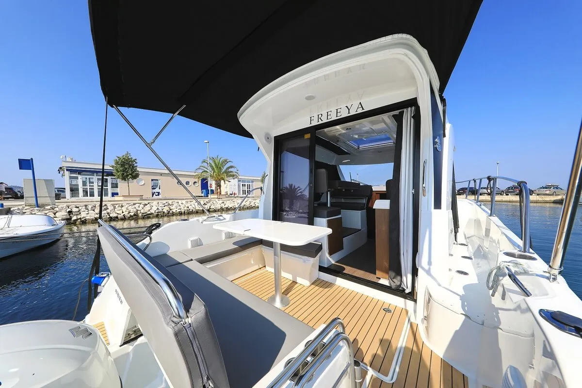 Deck of Freeya, a Beneteau Antares 9 OB motorboat at Grad Biograd na Moru, Croatia