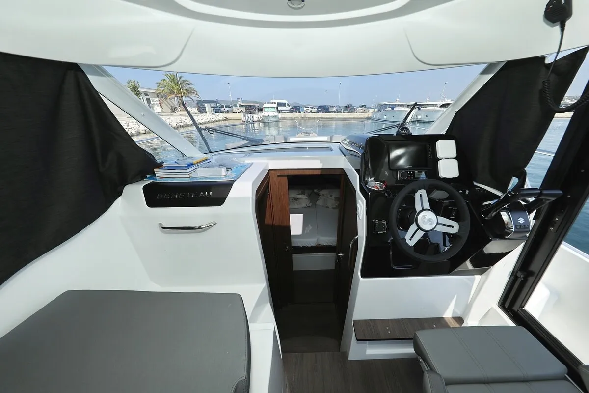 Cockpit of Freeya, a Beneteau Antares 9 OB motorboat at Grad Biograd na Moru, Croatia