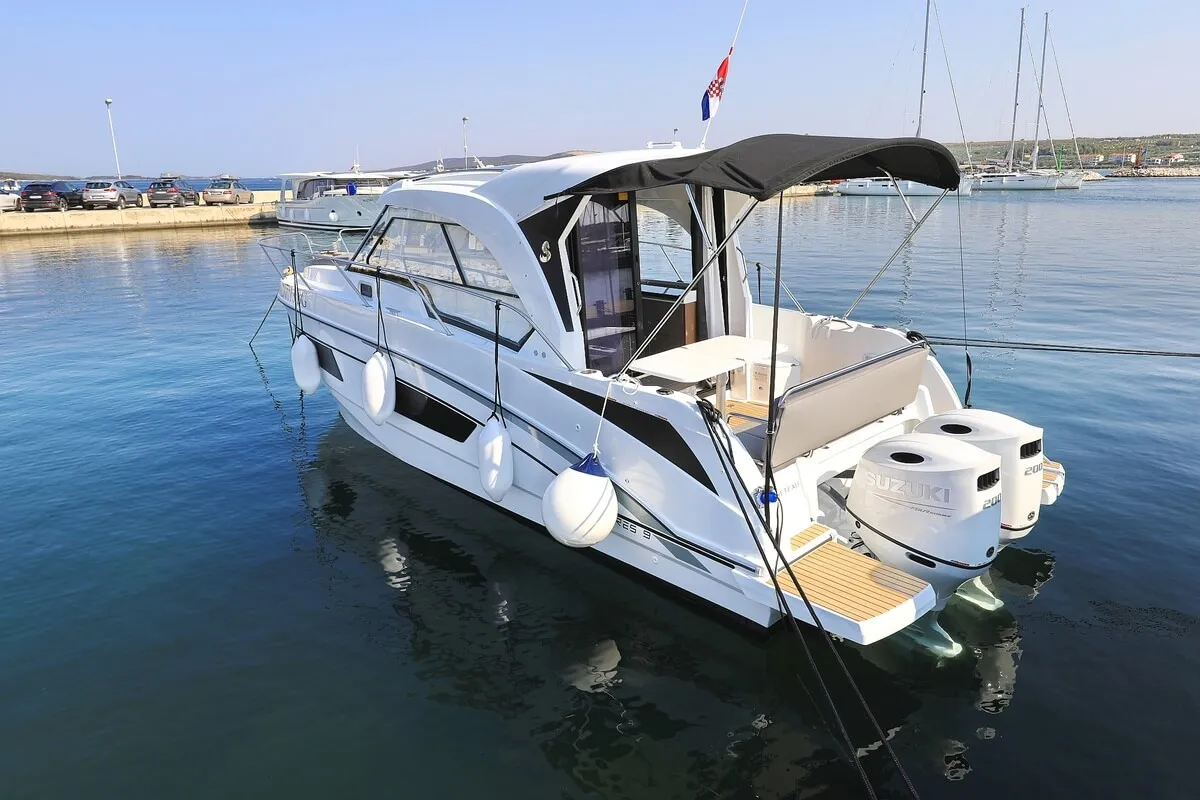 Exterior view of Freeya, a Beneteau Antares 9 OB motorboat at Grad Biograd na Moru, Croatia