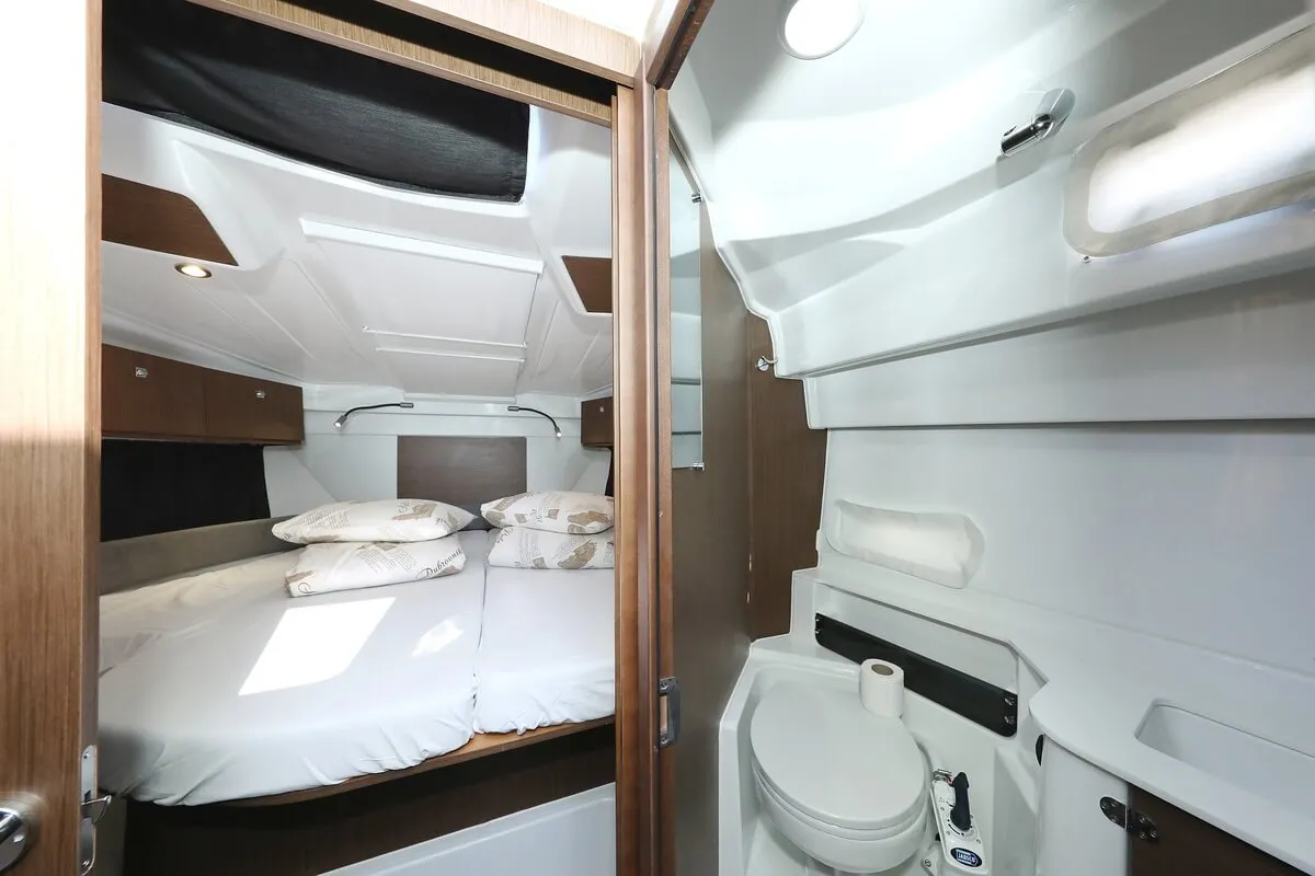 Cabin on Freeya, a Beneteau Antares 9 OB motorboat at Grad Biograd na Moru, Croatia