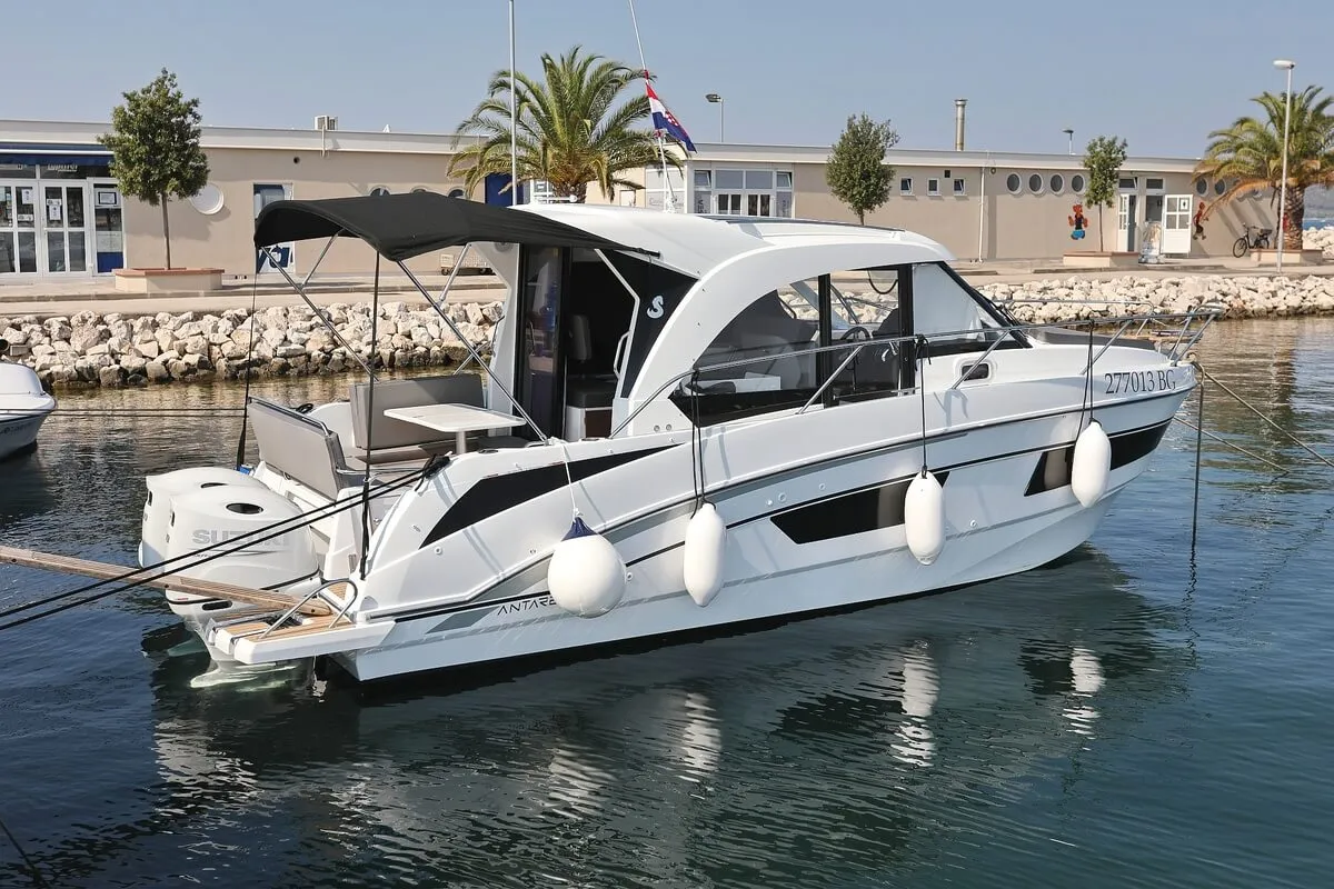 Exterior view of Freeya, a Beneteau Antares 9 OB motorboat at Grad Biograd na Moru, Croatia
